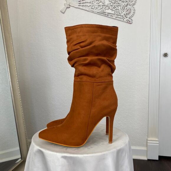 90s Style Slouchy Brown Faux Suede Stiletto High Heel Pointy Boots US 8.5  EU 39 - Picture 8 of 8
